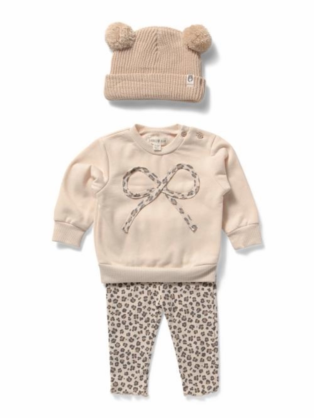 Rabbit + Bear Beige Bow Leopard Matching Set Beanie 0-3 3-6 months